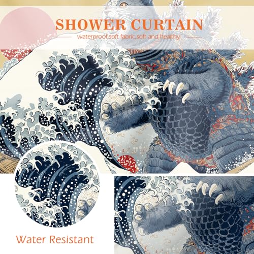 Image of Aimego Funny Cat Shower Curtain Japanese Nautical Anime Ocean Sea Wave Cool Unique Asian Whimsical Humorous Bathroom Decor Bathtub Curtain Fabric Shower Curtain Set with 12 Hooks, 72 inchx72 inch