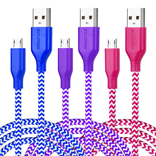 Micro USB Cable 6ft, 3-Pack Boxeroo Premium Nylon Braided USB Sync and Charge Cord Compatible for Samsung Galaxy, Edge, Note, HTC, LG, Android Phones and More(Blue, Rose, Purple)