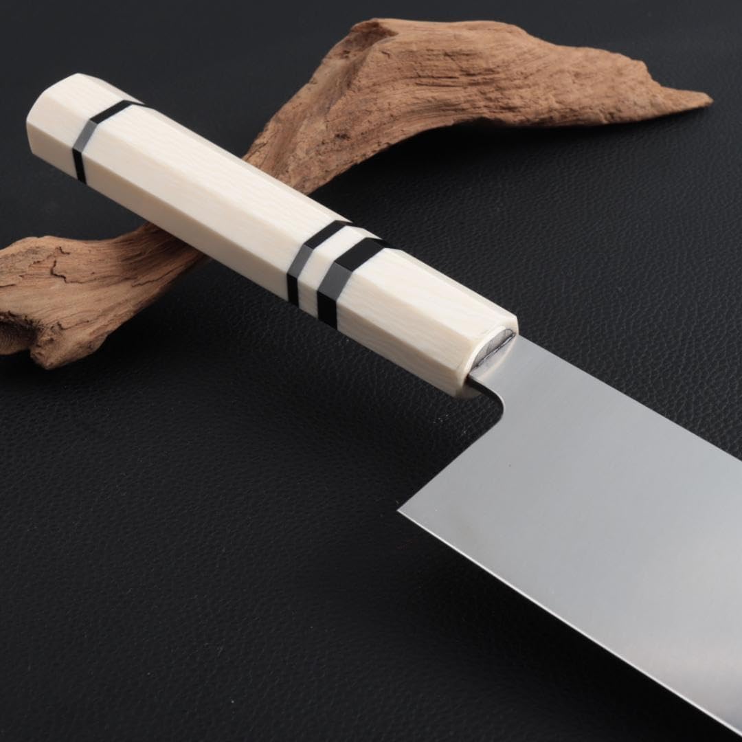 【一点限り特別価格】 菜切り包丁 6寸 両刃 料理包丁 人工象牙黒三本巻八角柄 一点限り特別価格】 菜切り包丁 6寸 料理包丁 両刃 人工象牙黒三本巻