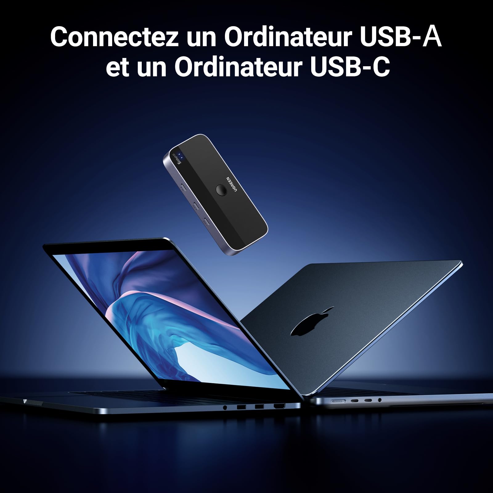 UGREEN Switch USB C 5Gbps avec 4 Ports Commutateur KVM pour 2 PC Entrées 4 Sorties Plug Play pour Clavier Souris Disque Dur Clé USB Imprimante avec Contrôleur du Bureau et 2 Câbles Inclus