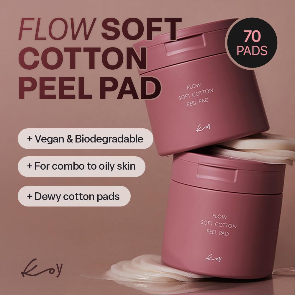 KOY Flow Soft Cotton Peel Pads 70 Sheets, Gentle Exfoliating and Pore Care with Natural Enzyme and Keratinase, Low irritation, Soothing Care & Deep Hydration for Smooth & Radiant Skin, 5.07 fl oz
