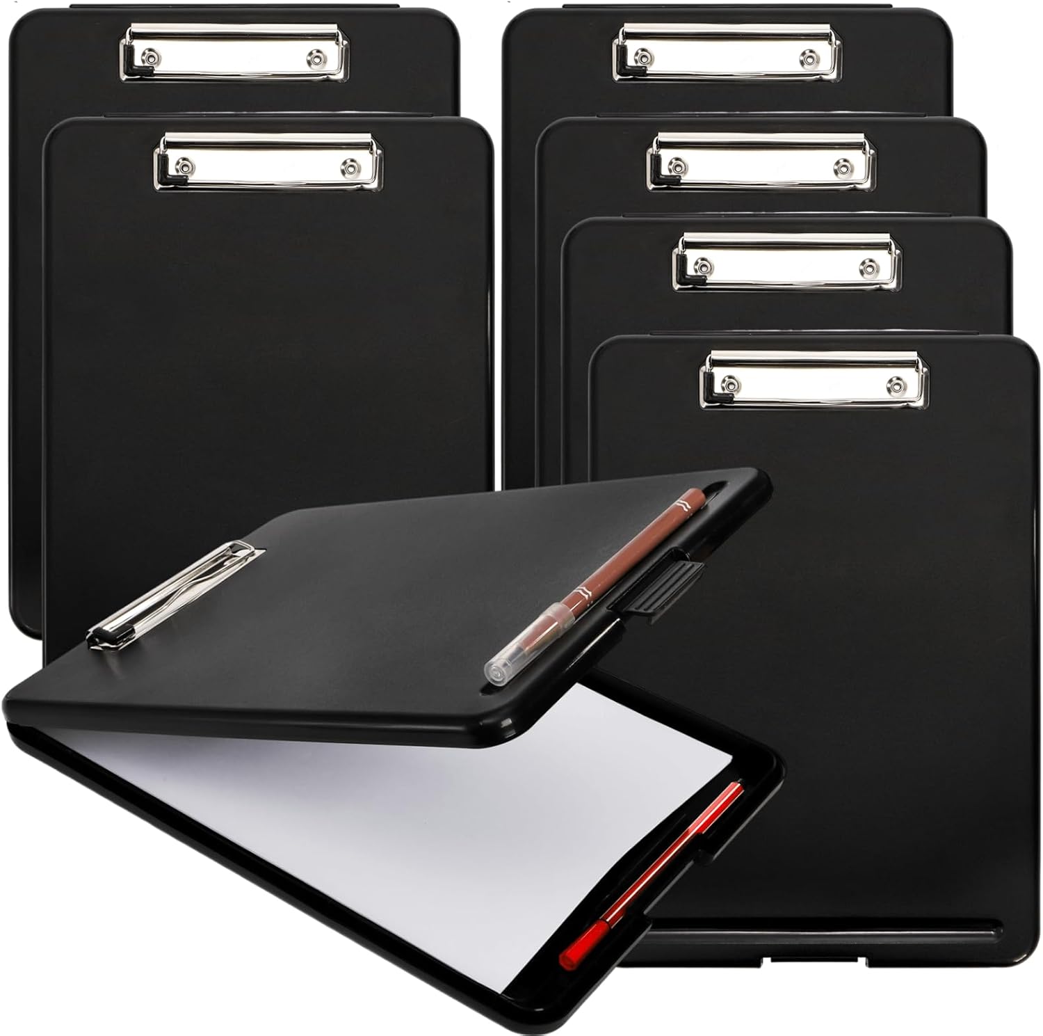 YOUEON 7 Pack Plastic Clipboard with Storage, A4 Binder Clipboards with Low Profile Clip, Waterproof Nursing Clip Board with Pen Holder & Side Opening for Office, School, Teacher, Black