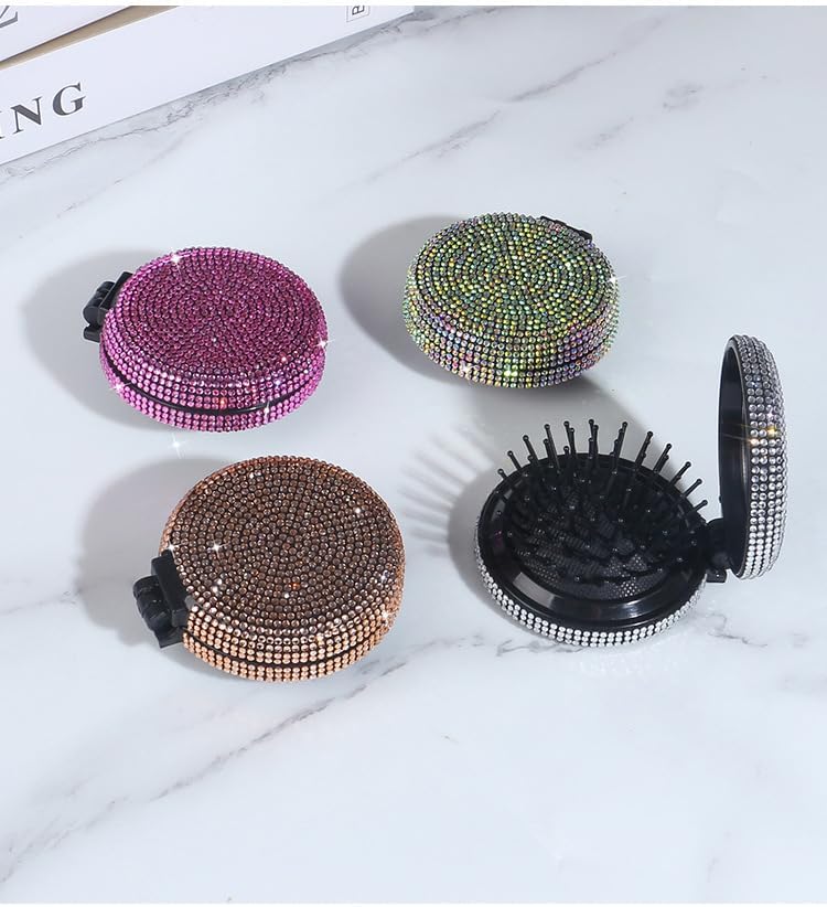 キラキラ光るラインストーンブラシ、女性用ミラー付き、ラウンド折りたたみポータブルトラベルヘアブラシポケットコンパクトミニヘアマッサー 【濡れ髪】