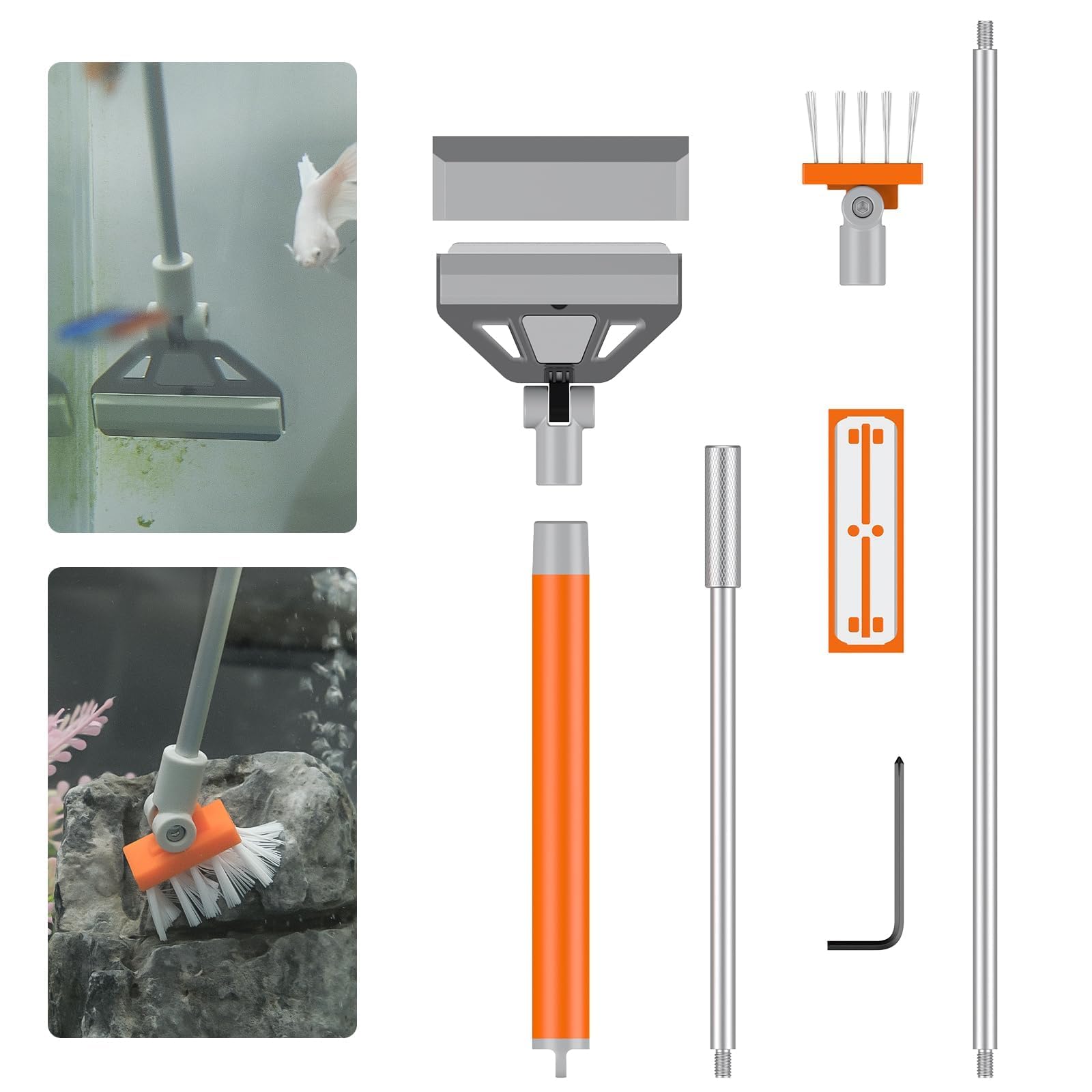 Pawfly Grattoir à Algues pour Aquarium 2 en 1, 66cm Nettoyeur vitre Aquarium avec Brosse & 5 Lames Acier Inoxydable, Outil de Nettoyage pour Aquariums Récifaux, Plantés et Bassins à Poissons