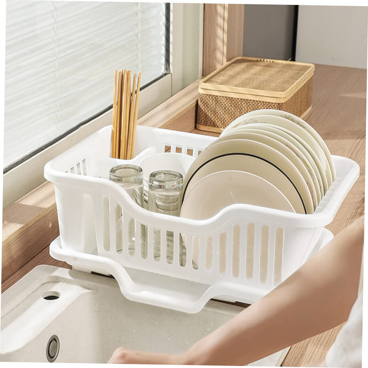 Luxshiny Escurridor De Platos y Utensilios De Cocina Rack De Secado Drenaje Automático Organizador Multifuncional Para Platos Tazas y Cubiertos