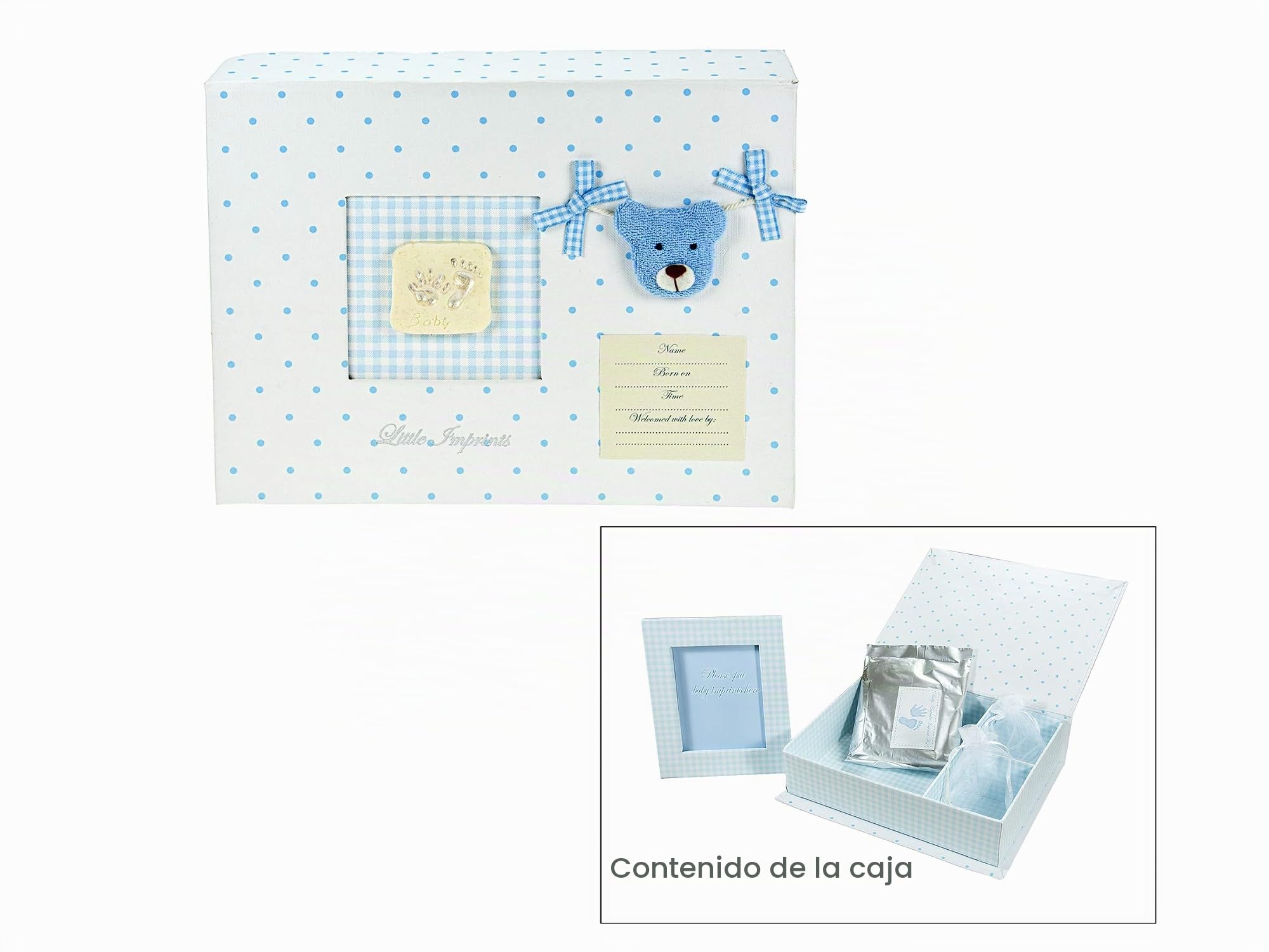 Caja de recuerdos para bebés hecha a mano en color azul con set de modelado e impresión en arcilla