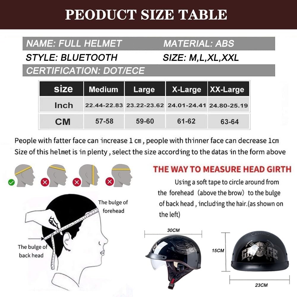 Casques Jet, Demi-Casque Moto Vintage Homologué ECE, Rétro Casques Bols avec Pare-Soleil et Boucle à Dégagement Rapide Réglable, Casque Ouvert pour Scooter Vélo Cruiser 57~64cm