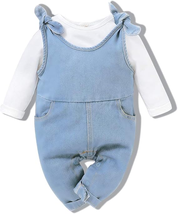 Newborn Baby Girl Clothes Jeans Suspender Outfit Long Sleeve Romper Baby Girl