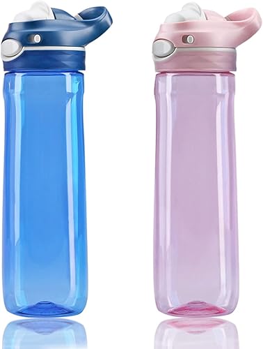 DEARART AUTOSPOUT - Paquete de 2 botellas de agua azul de 26 onzas y botella de agua rosa sin popote, boca ancha sin BPA, a prueba de fugas, tiene
