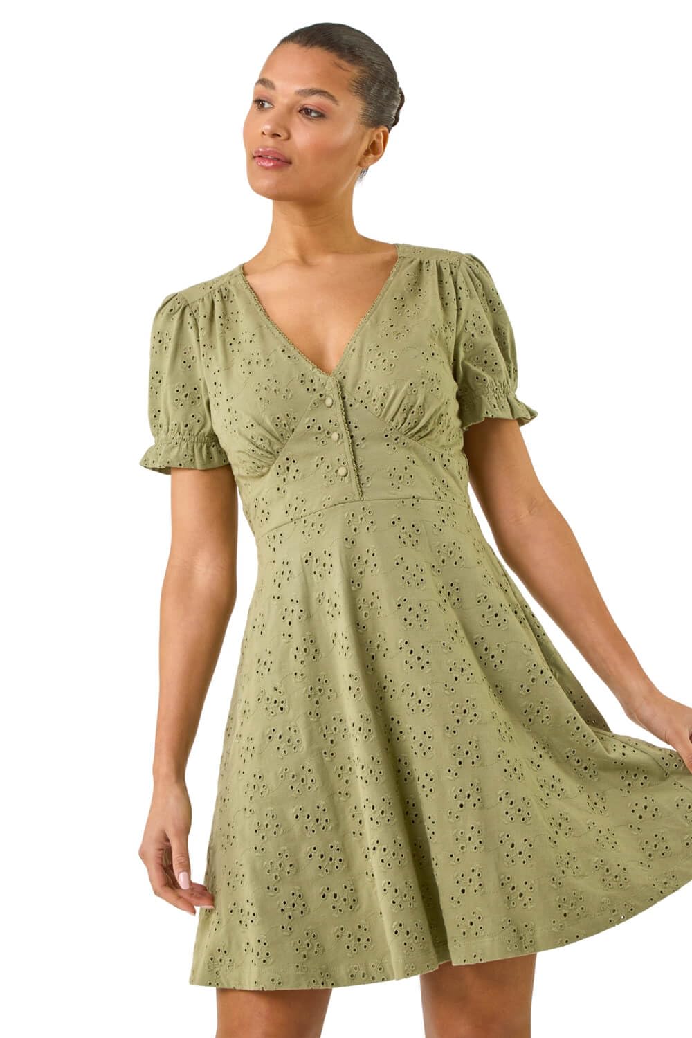 Roman Originals Women's Khaki Embroidered Cotton Stretch Jersey Frill Dress For Uk - Everyday Holiday Spring Summer V-Neckline Comfy Soft Evening Vacation Work Party - Size 20