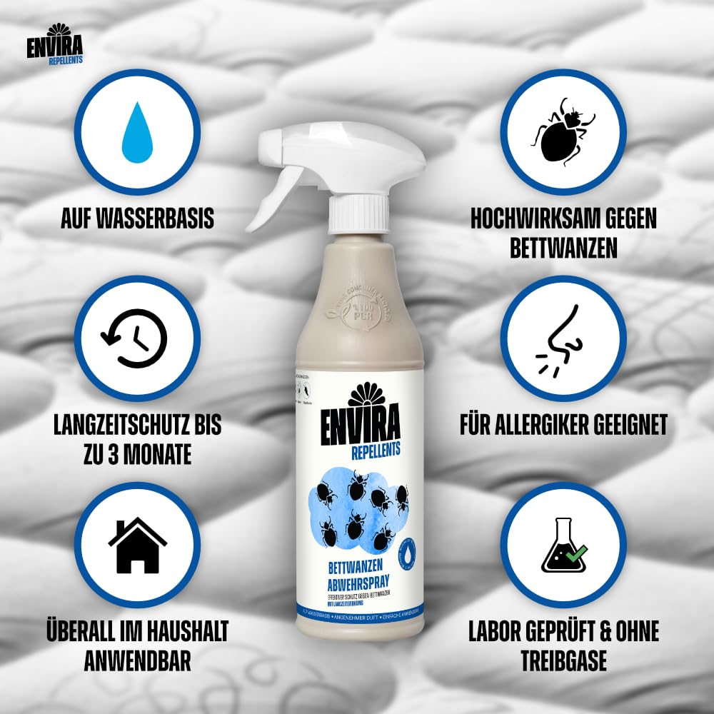 Envira Bettwanzen Abwehrspray 2x 5 Liter + 2L Sprüher - Spray mit Langzeitwirkung gegen Bettwanzen - Mittel gegen Bettwanzen für Wohnung, Hotel, Matratzen & auf Reisen - Bettwanzen loswerden