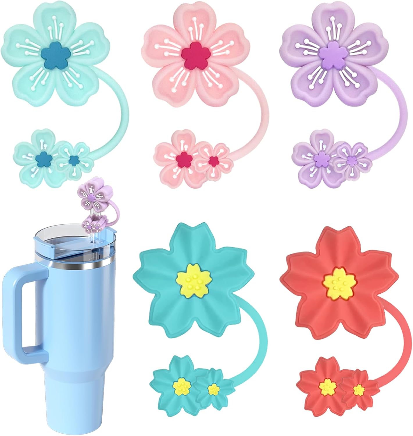 Stanley Cup 30 40 oz Straw Covers - 5 Pcs Silicone Flower Straw Toppers, Accessories for Christmas Gifts