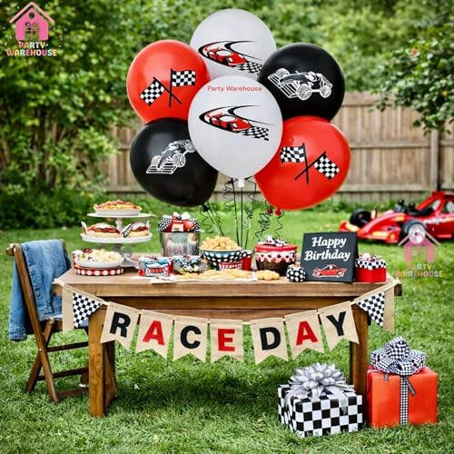 Image of Party Warehouse Racing Car Balloon Set for Birthday - 5Pcs | Race Theme Foil Balloons for Race Lovers | Tyre & Checkered Flag Balloons for Kids /Adults Party Decorations | Red, Black & White