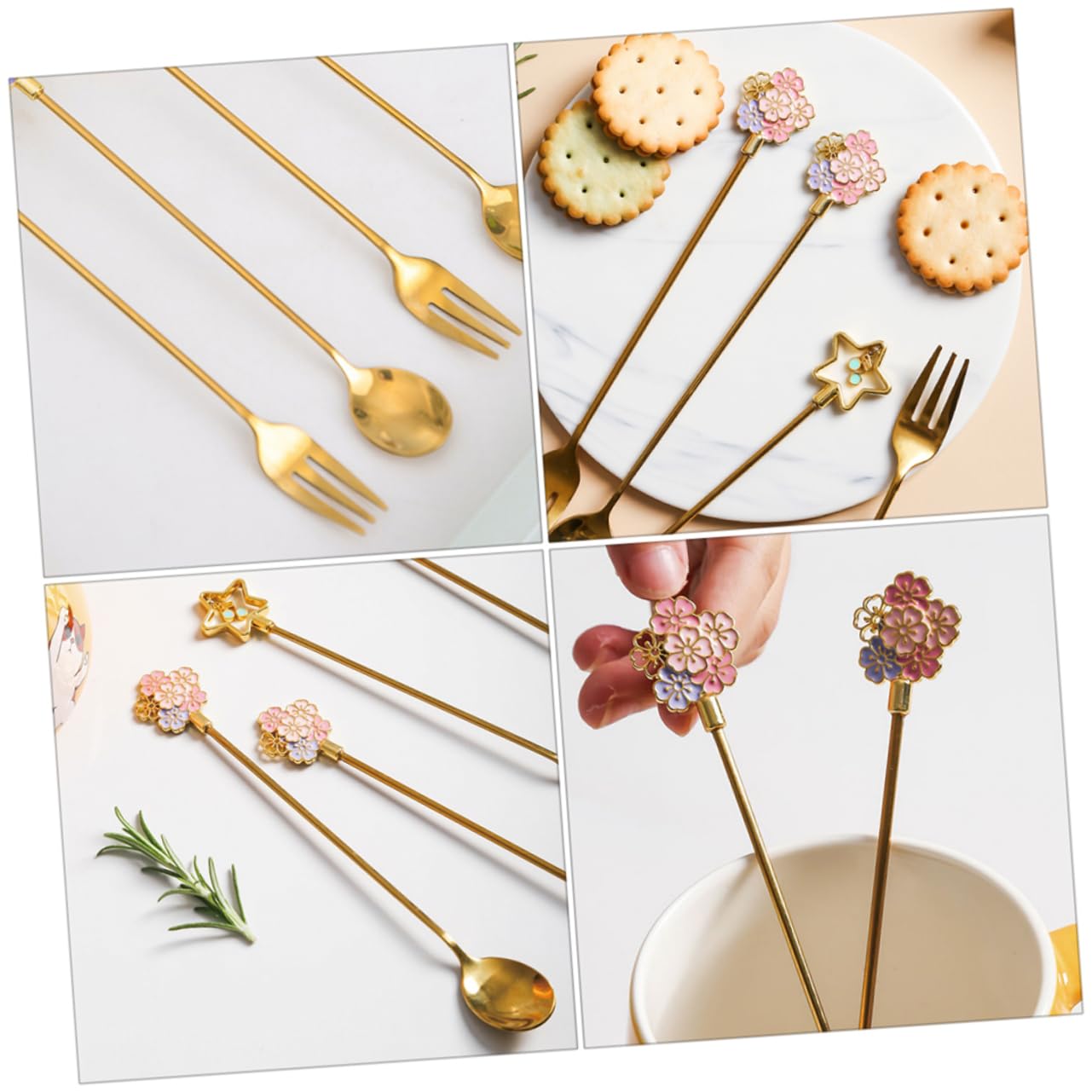 COLLBATH Lot De 4 Cuillères Et Fourchettes À Dessert Japonaises Pour Une Prise En Main Confortable Idéales Pour Le Café Le Thé La Soupe Etc