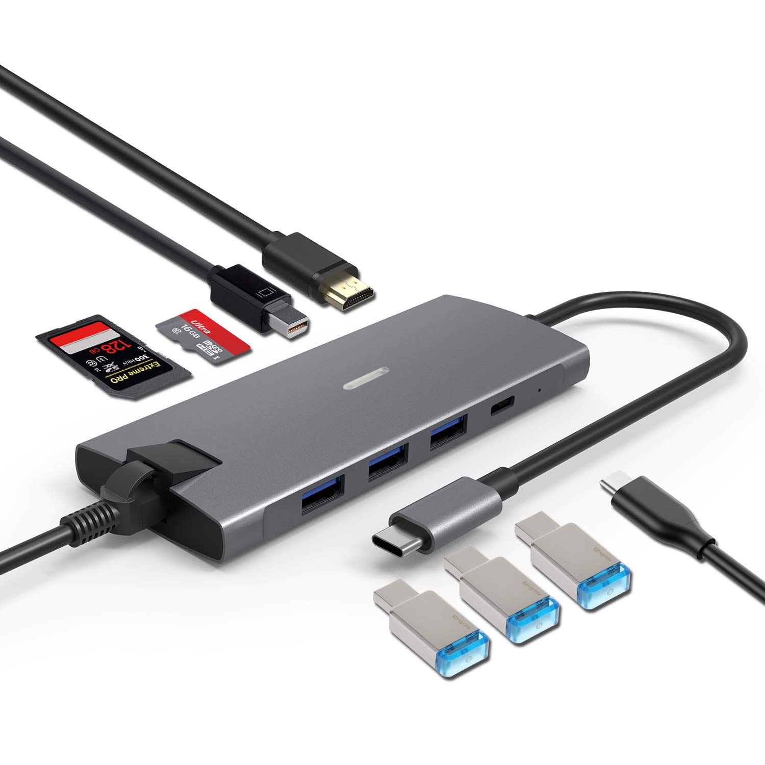 USB-C Hub 9-in-1 Adapter with 4K HDMI Mini DP 3 USB 3.0 Ports Type-C PD SD/TF Cards Reader Ethernet RJ-45 for MacBook Pro/Airï¼ˆ2018ï¼‰ and Type C Laptops