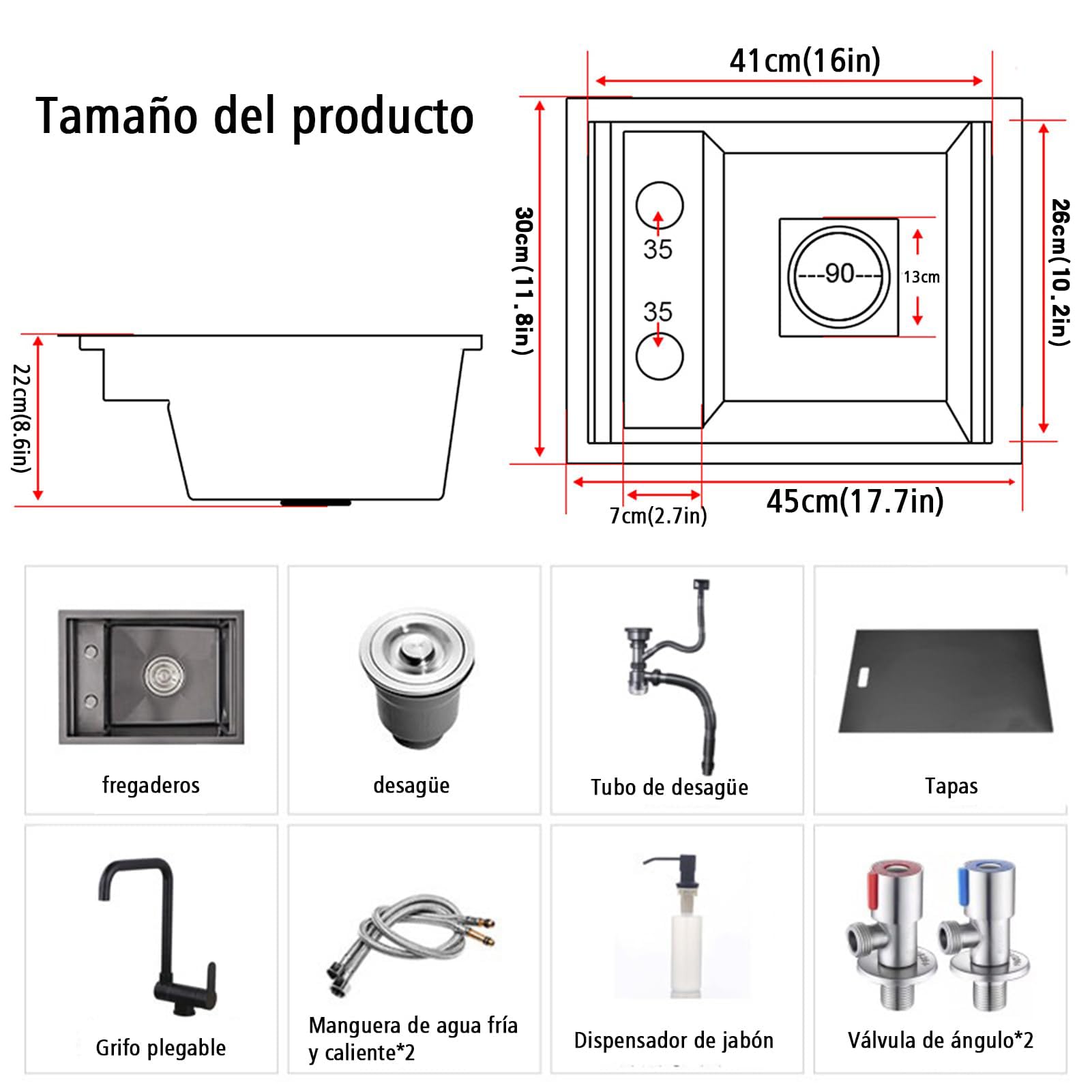 Fregadero de Cocina Oculto Plegable Multifuncional de Acero Inoxidable 304, 30 * 45cm, Ideal para Caravanas Pequeñas y Medianas