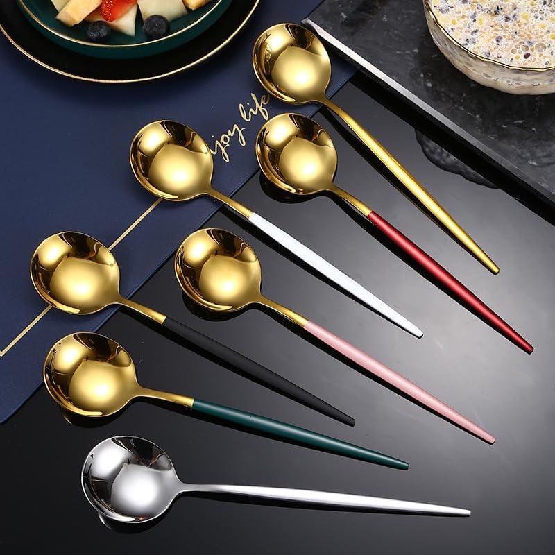 Silverware Flatware Set, 1/4/6/8/10/12 Pieces Stainless Steel Portuguese Spoons Long Handle Mixing Spoon Dessert Spoon Creative Household Spoon(Gold,12Pcs)