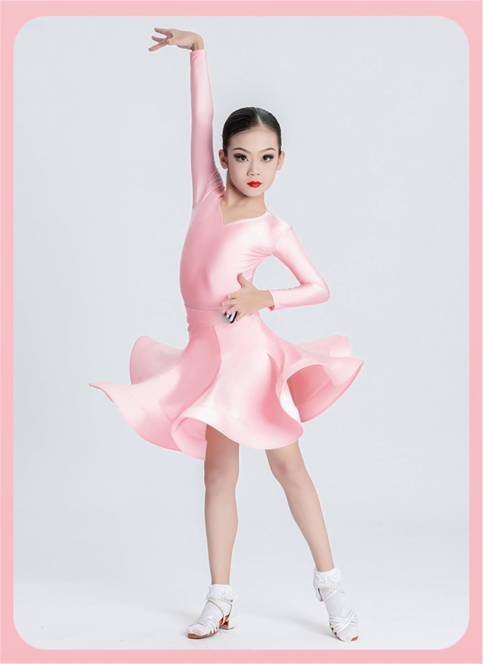 Vestido de Baile Latino de Rumba Y Samba de Manga Larga para Niñas, Disfraz de Baile de Salón, Falda de Práctica, Ropa de Baile de Competición (140 cm)