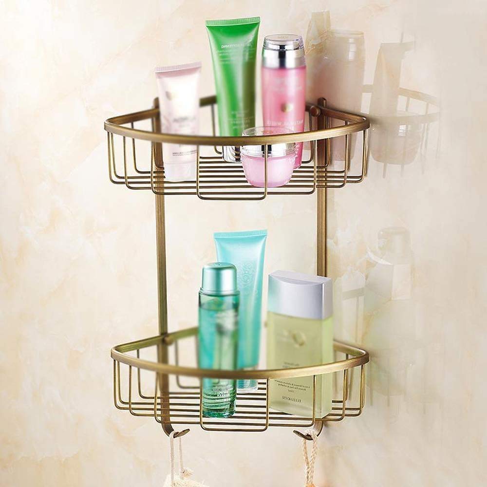 Cesta de almacenamiento de latón macizo antiguo doble estante de esquina de baño montado en la pared, soporte para colgar en la ducha, estante de baño triangular dorado con ganchos, resistente al