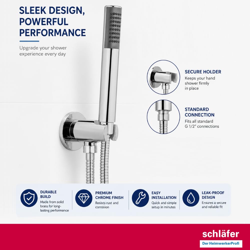 Schläfer 814320 | Presa Acqua Doccia Tonda con supporto per Doccetta Cromo, Uscita Acqua Parete G 1/2" - Ø 20,86 mm, Raccordo Gomito per Flessibile Doccetta in Ottone Design Moderno