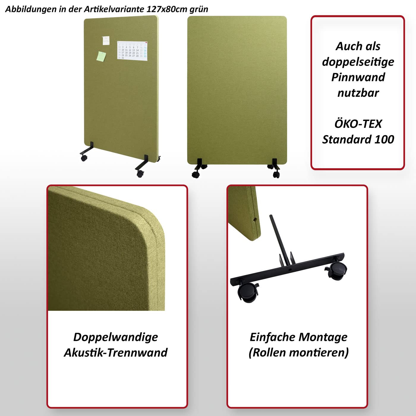Akustik-Trennwand HWC-G77, Büro-Sichtschutz Raumteiler Pinnwand, doppelwandig rollbar Stoff/Textil - 127x80cm braun-grau