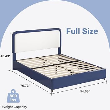 BarnFurin Full Bed Frame, Curved Faux Leather Headboard, White and Blue