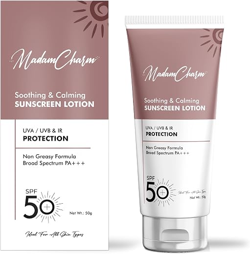 MadamCharm Soothing &amp; Calming SPF 50 Sunscreen Lotion | PA+++ | UVA/UVB &amp; IR Protection | Non Greasy Formula | For All Ski...