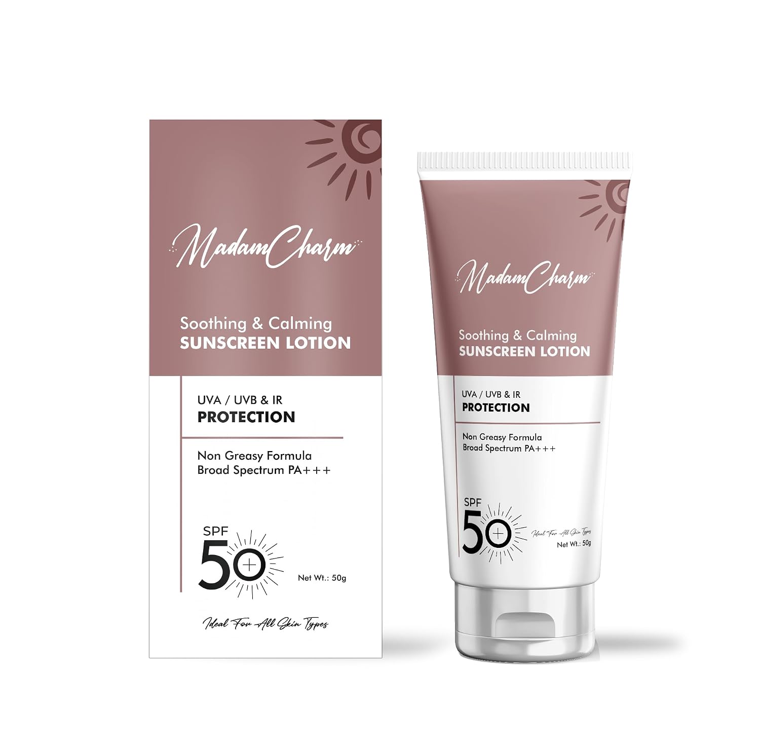 MadamCharm Soothing & Calming SPF 50 Sunscreen Lotion | PA+++ | UVA/UVB & IR Protection | Non Greasy Formula | For All Ski...