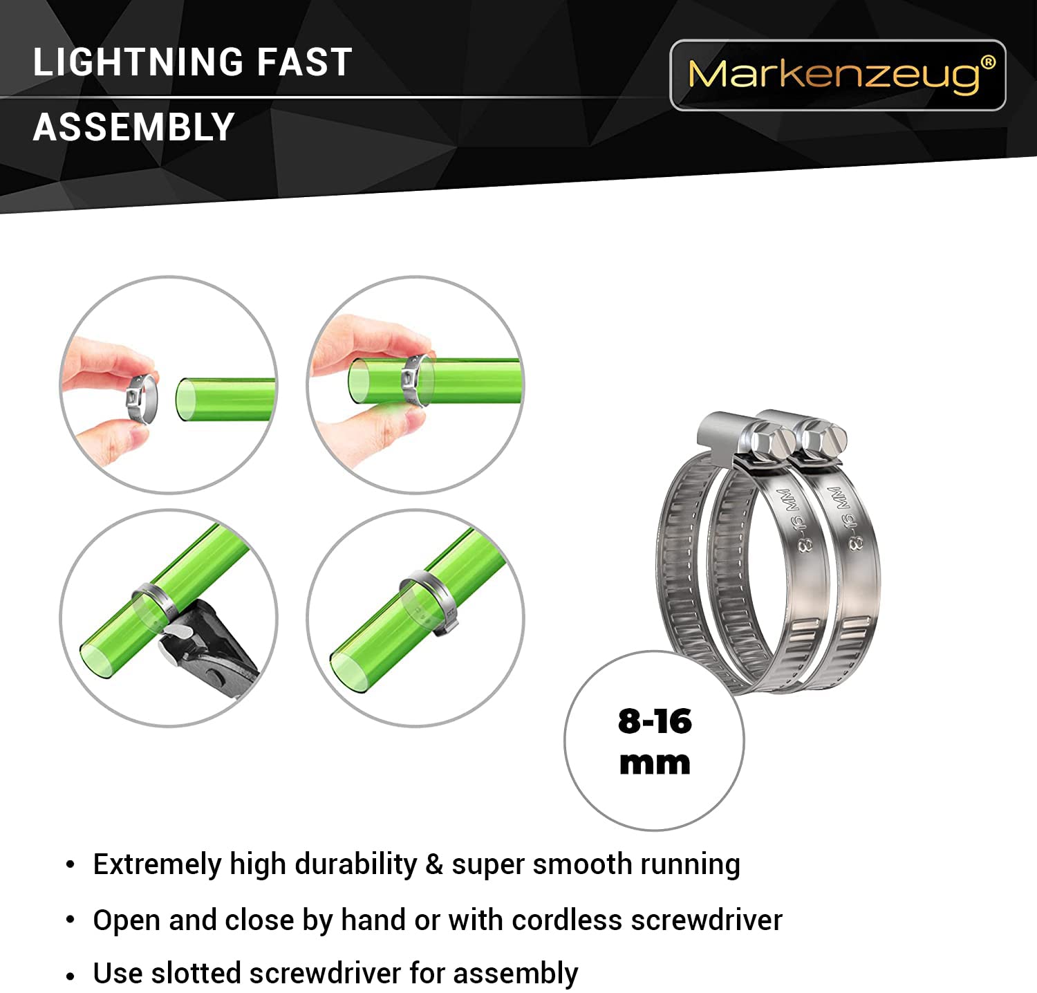 MARKENZEUG® Hose Clamps Set I Stainless Steel Hose Clamps I Pipe Clamps I Screw Clamps Rustproof I Hose Clamp for Washing Machine & Pool or Car I 8-16 mm Diameter I Set of 10 - Image 3