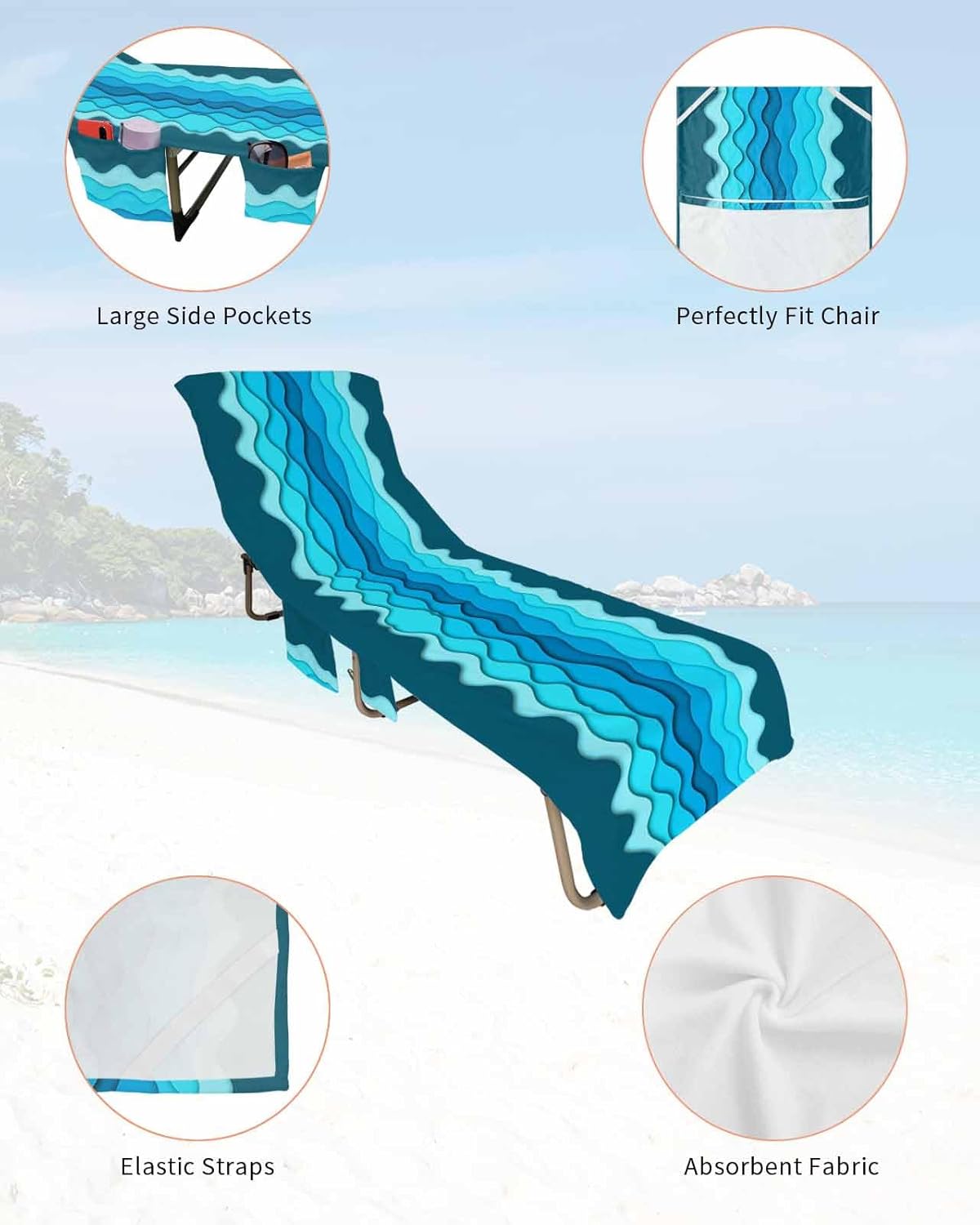 Geometric Blue Beach Pool Patio Lounge Chaise Chair Cover Towel With Pockets,Absorbent & Quick Dry Microfiber Towel Cover Bag Summer Accessories for Sunbathing Modern Minimalist Abstract Water Stripes
