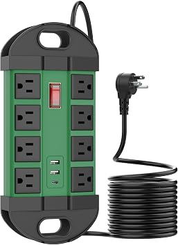 HHSOET Outdoor Weatherproof 8 Outlet Power Strip, IPX6 Waterproof Surge Protector, 2 USB-A 1 USB-C Ports, 10 FT Extension Cord for Outdoor Patio Garden Porch GarageGreen