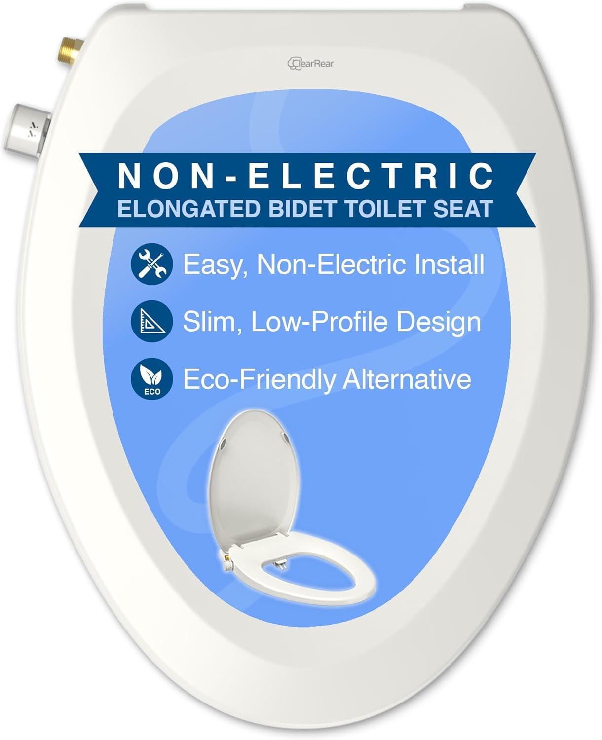 CLEAR REAR Elongated Bidet Toilet Seat – Non Electric Attachment for Toilets, Easy to Install Self Cleaning, Rear & Feminine Wash Nozzles, Adjustable Water Sprayer, Eco Friendly Hygienic Upgrade