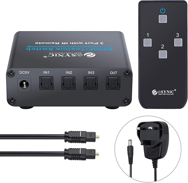 eSynic Spdif Toslink Switcher 3 X 1 Digital Optical Audio Switch with IR Remove Control Support LPCM2.0 PCM2.0 DTS Dolby-AC3 Dolby Digital DTS 5.1 Dolby Digital Plus