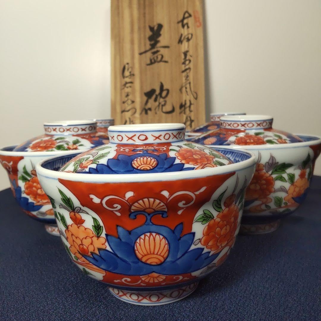 源右衛門 古伊万里 丼 小どん どんぶり 蓋付き 牡丹 染錦 染付 5