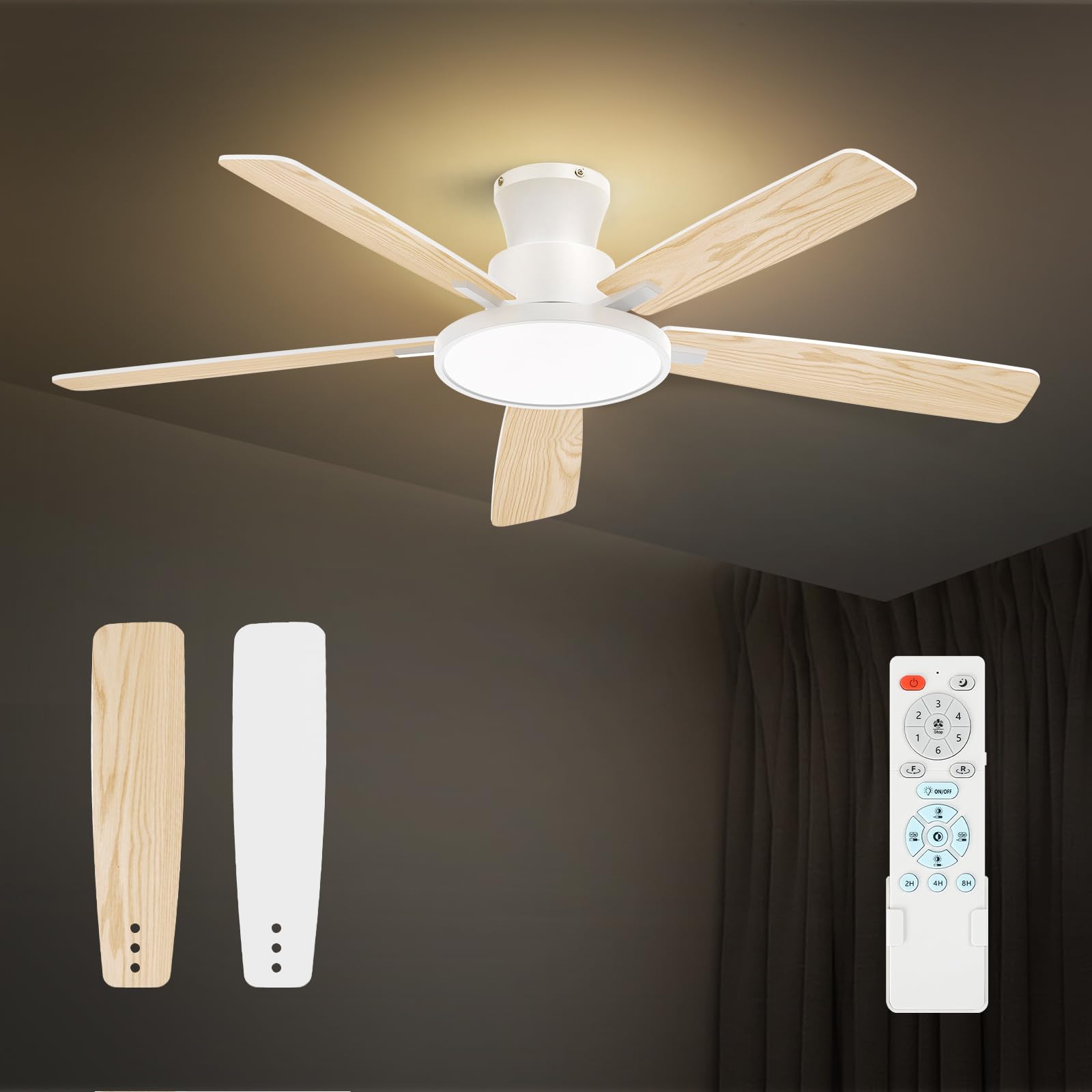 Ceiling Fans with Lights,52 inch,Nightlight,Quiet,Reversible Motor,6 Speeds,Timer, Low Profile Ceiling Fan for Bedroom,Living Room,Indoor/Outdoor Use (White)