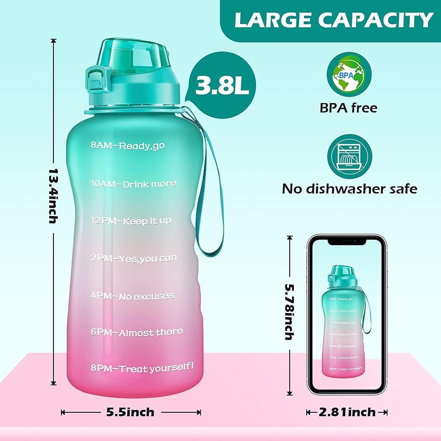 64oz Half Gallon Water Bottle With Sleeve, Water Bottles with Time Marker/Straw/Chug One Lids, Leakproof Tritan BPA Free Reusable Water Jug Easy Carry for Adult and Kids Gym Sports Outdoors - Image 5