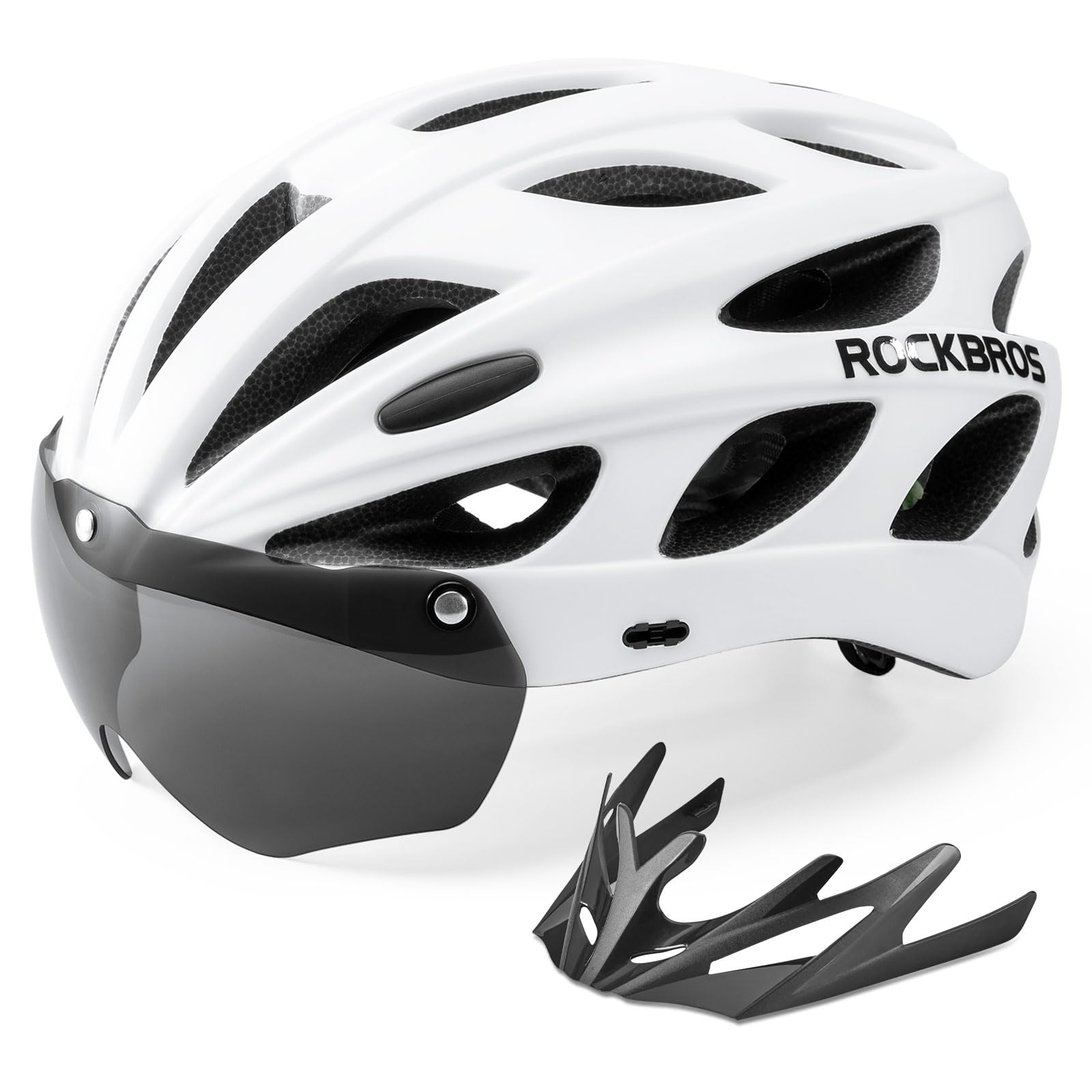 ROCKBROS Bike Helmet for Men and Women with Magnetic Goggles and Detachable Visor, Lightweight Breathable Adjustable Cycling Helmet for Mountain and Road Cycling, White M