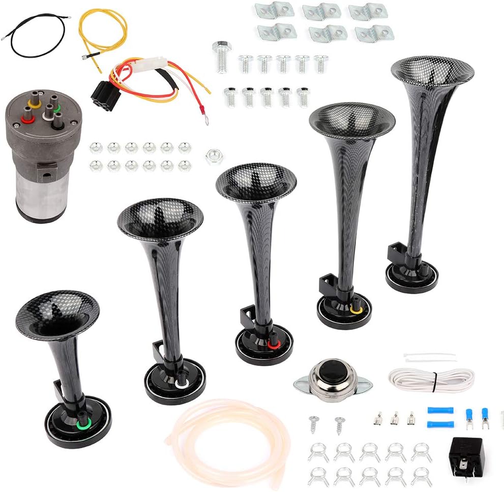 super loud 5 Trumpet Musical Dukes Hazzard Dixie Horn Kit with Compressor Dixie Musical Air Horn for Any 12V Vehicles Trucks Lorrys Trains Boats Cars Vans Kit