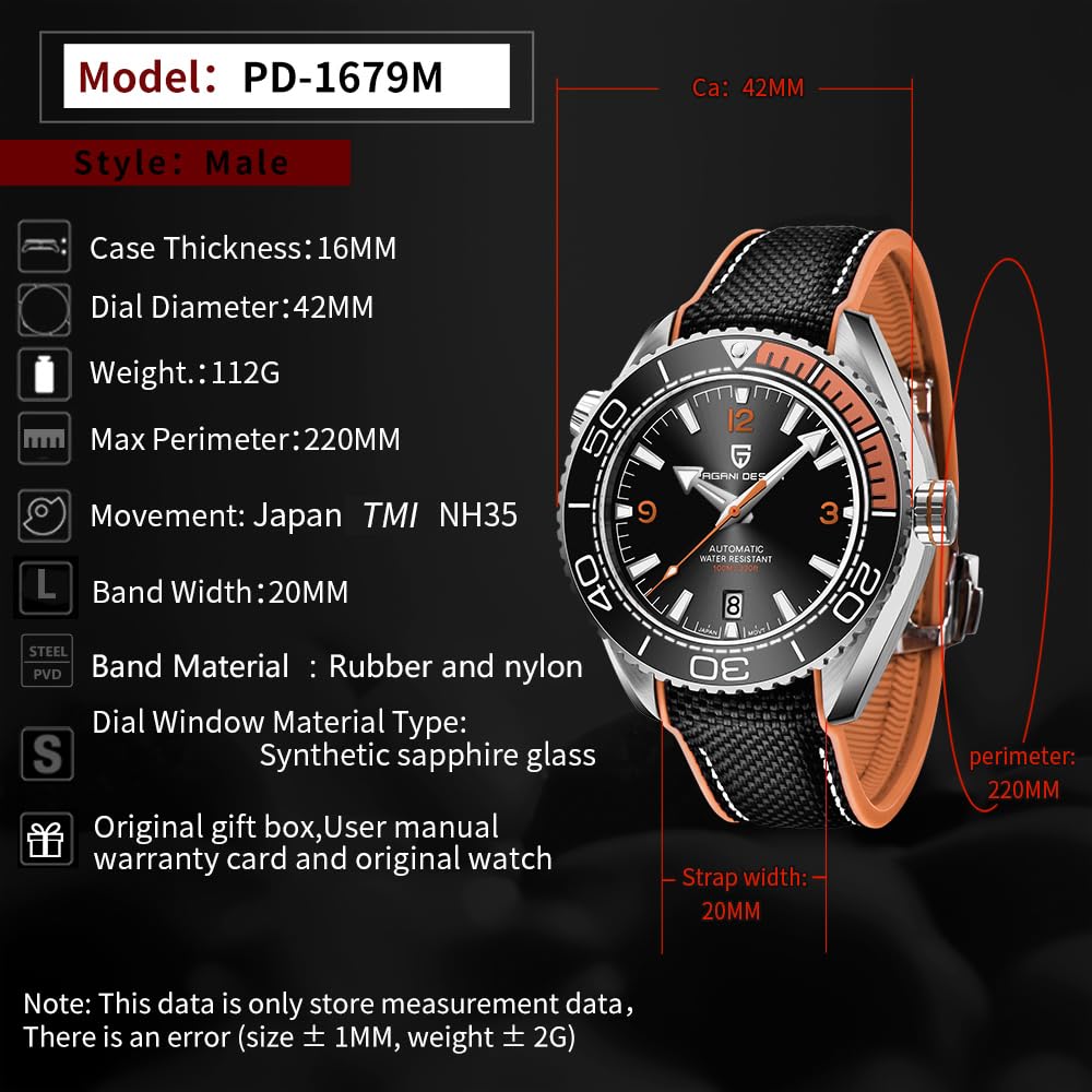 Pagani Design Men's Automatic Watch PD-1679 Ceramic Bezel Waterproof 100M Mechanical Watch Sapphire Glass Luminous Men's Watch(Orange)