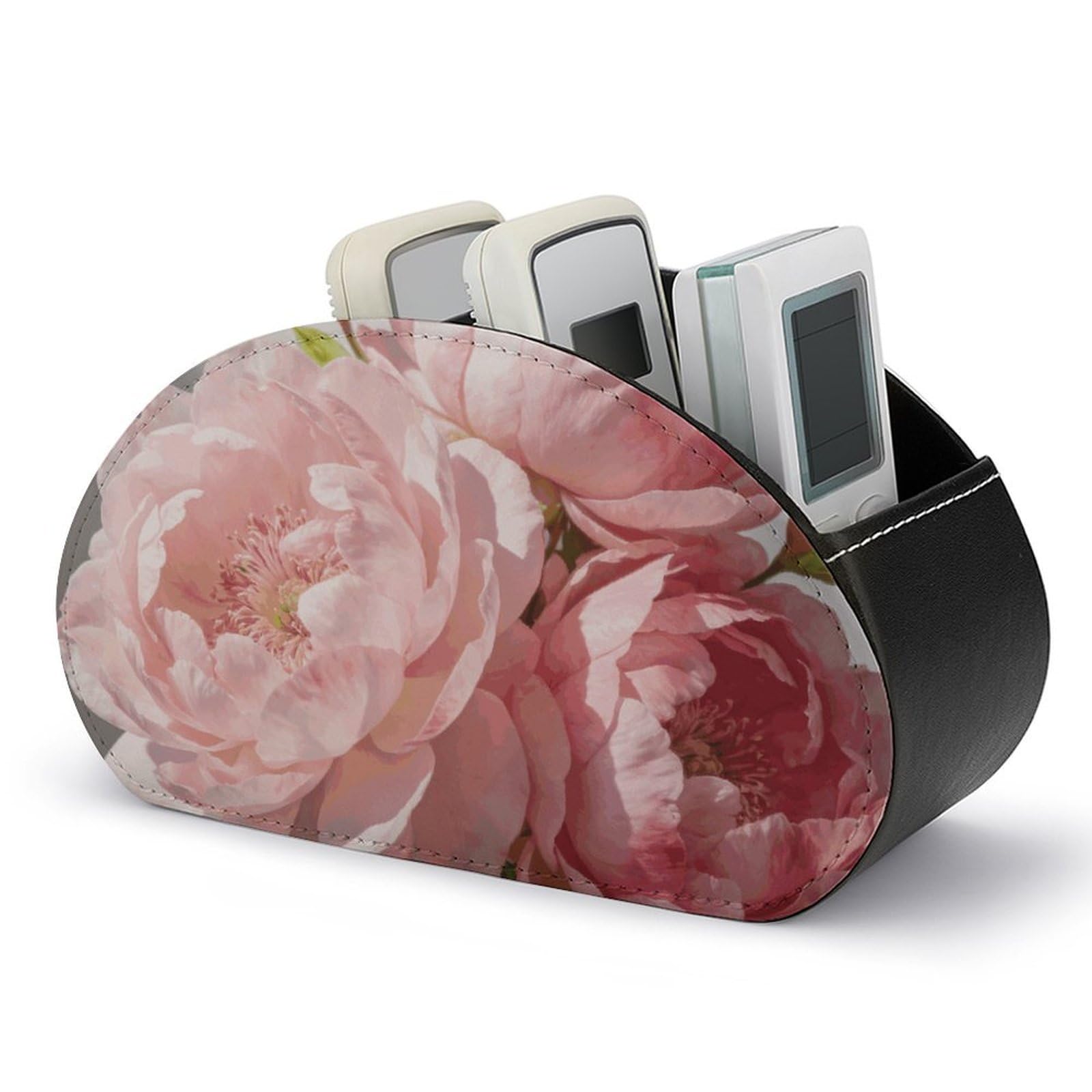 VstaDank Pink Flowers Remote Control Holder with 5 Compartments PU Leather Remote Caddy Desktop Organizer Store TV Remote Control Storage Box for Home Office Desk Nightstand