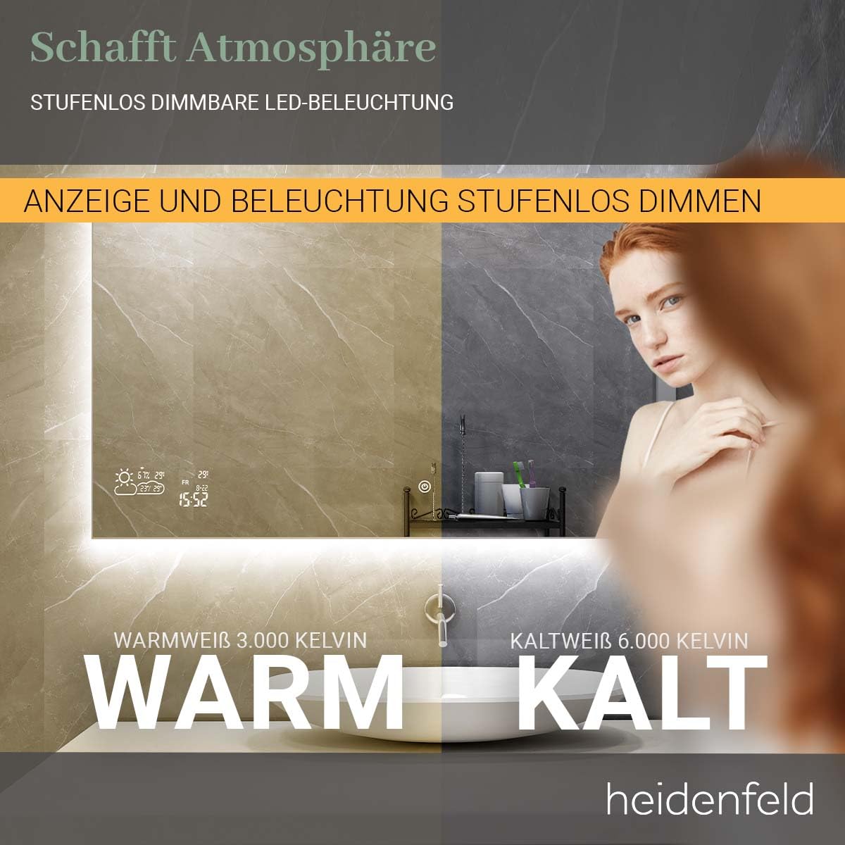 Heidenfeld Spiegel Infrarotheizung | HF-HS200 mit Touchpanel - 𝟭𝟬 𝐉𝐀𝐇𝐑𝐄 𝐆𝐀𝐑𝐀𝐍𝐓𝐈𝐄 - 200 Watt - 60 x 60 cm - WiFi Badspiegel - Badezimmerspiegel - Infrarot Heizung Spiegel - Wandheizung