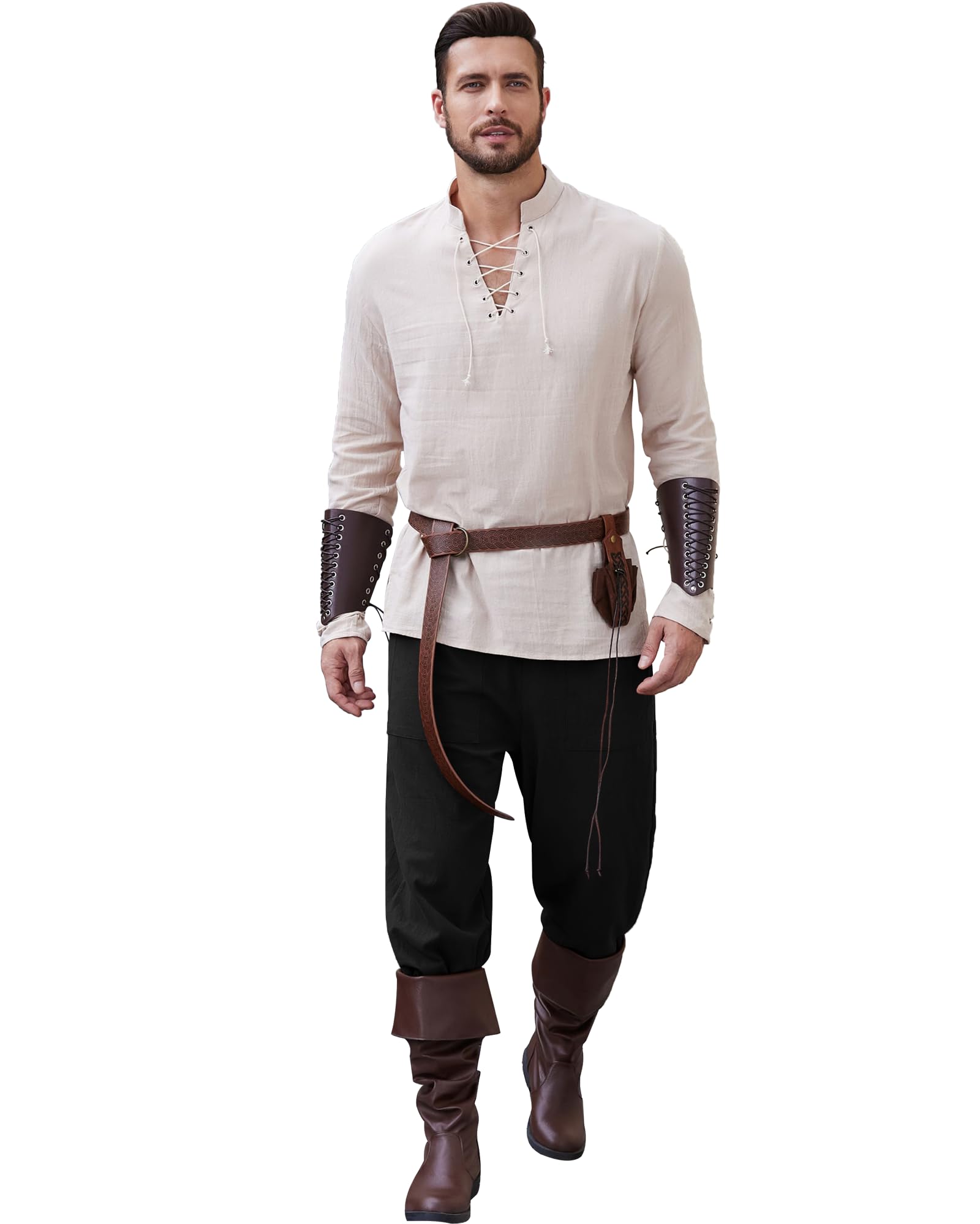LVCBL Pantalones medievales para hombre, de lino, retro, piratas, con cordones, para el tiempo libre