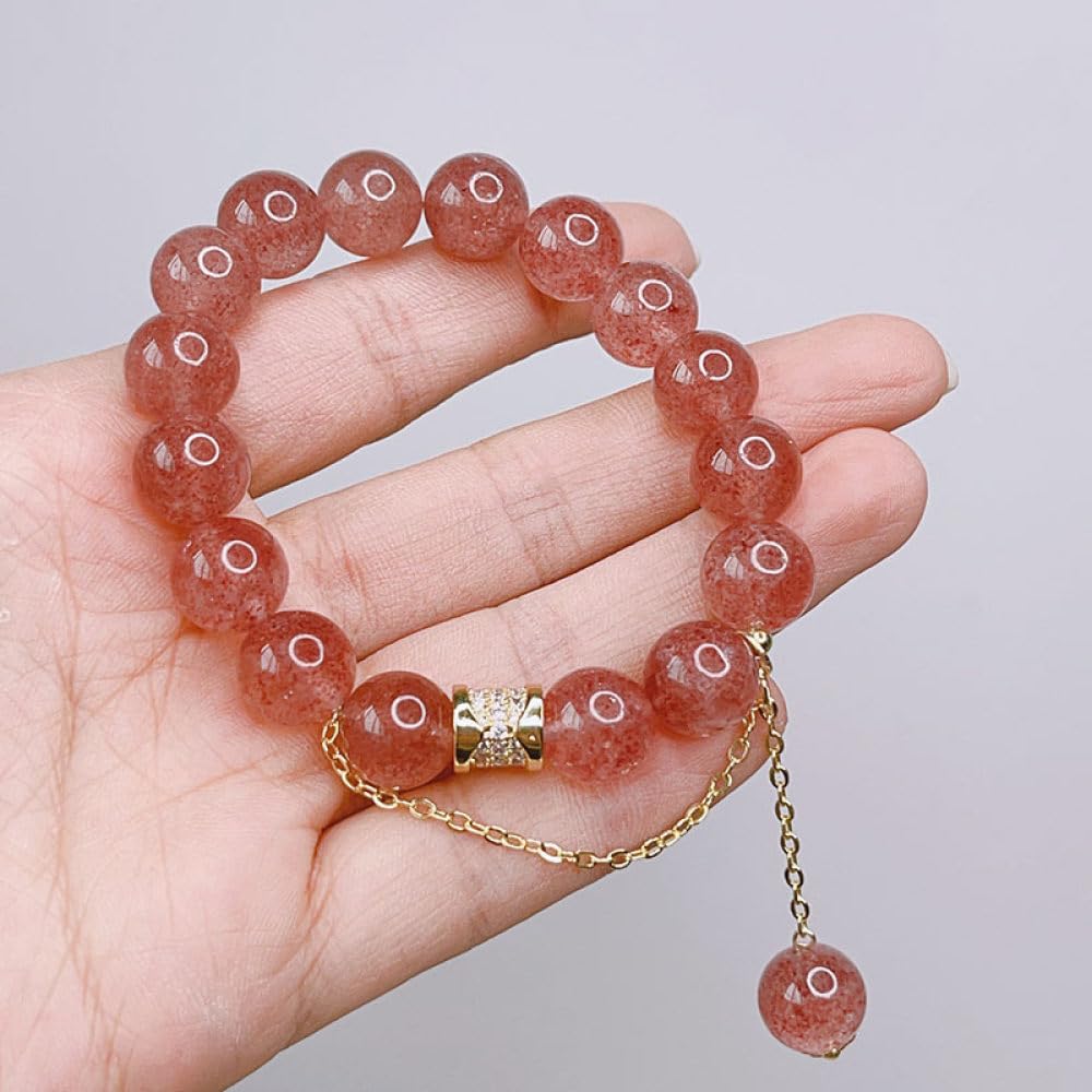 Bracciale Perle,Braccialetti Di Perline Perline Di Cristallo Fragola Naturale Braccialetti Con Ciondolo A Cilindro In Zircone Dorato Con Bracciale In Cristallo Elastico Gioielli In Cristallo Reiki P