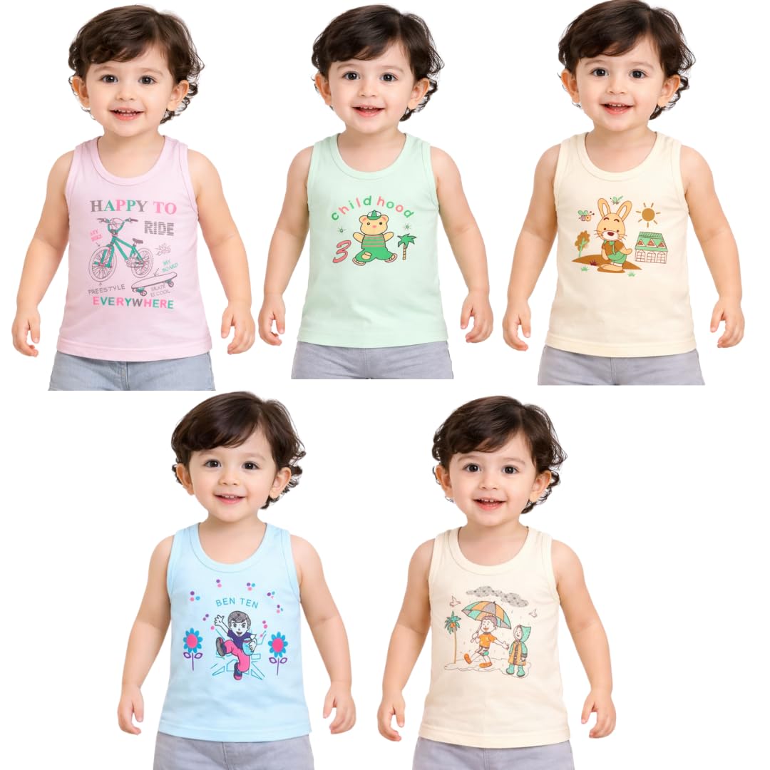 parilux New Born Baby Boys Girls Soft Cotton Printed Vest Inner Wear for Infants Sando Kids Toddler Camisole Baniyan Multicolor, Pack of 5pc-picture-45