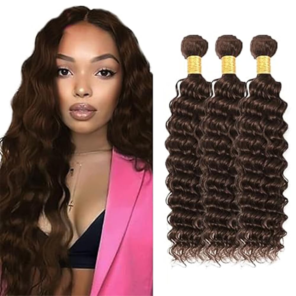 Hxxcoup 30 32 34 Inch #4 Chocolate Brown Deep Wave Human Hair Bundles Weave 3 Bundles Total 300g Unprocessed Virgin Double Weft Human Hair Extension Brown Color