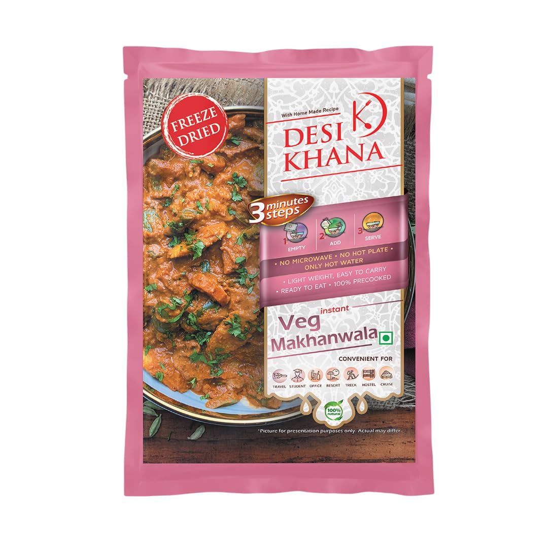 Desi Khana Ready To Eat Veg Makhanwala - 3 Minute Instant Healthy Main Course Food Makes Approx 195-205 gm | Just Add Hot Water(225-250 ml) | Zero Preservative | Wholesome Meal(50g Pouch, Freeze Dried)