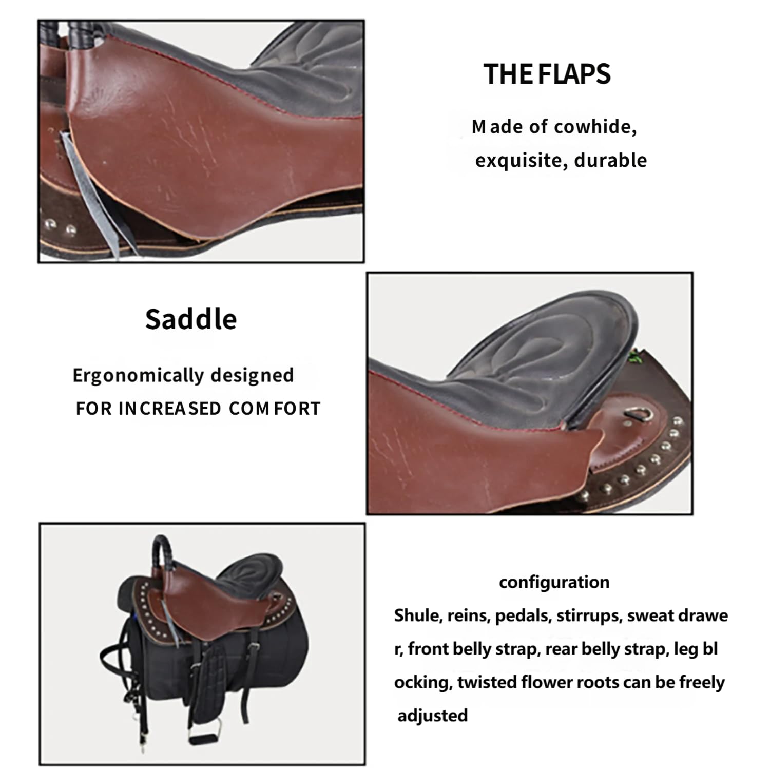 NILoykg& Sella di Cavallo turistico in Pelle Set Completo, Sella di Equitazione Durevole con Assorbimento degli Urti e Design Antiscivolo, Kit Completo di tack,Marrone,L