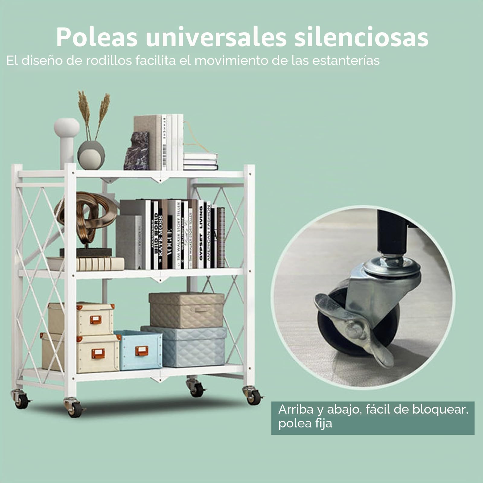Carrito de Servir Plegable, Estante Con Ruedas Para Cocina y Microondas, Baño Con 3 Niveles, Multiusos Para Oficina, Metal (Blanco)