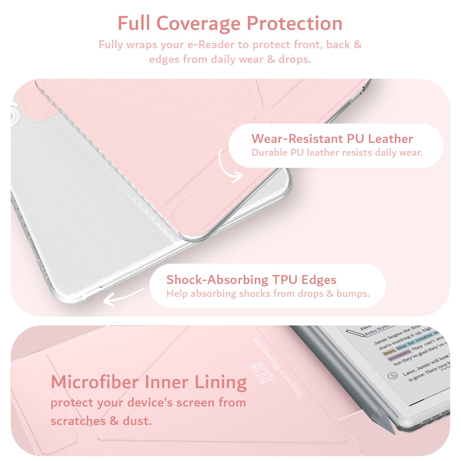TUDIA M-FLIP Detachable Clear Magnetic Case for Kobo Libra Colour (2024) - [Auto Wake/Sleep] Shockproof Slim Transparent Back Magnetic Fold Cover with Stylus Holder (Pink) - 4