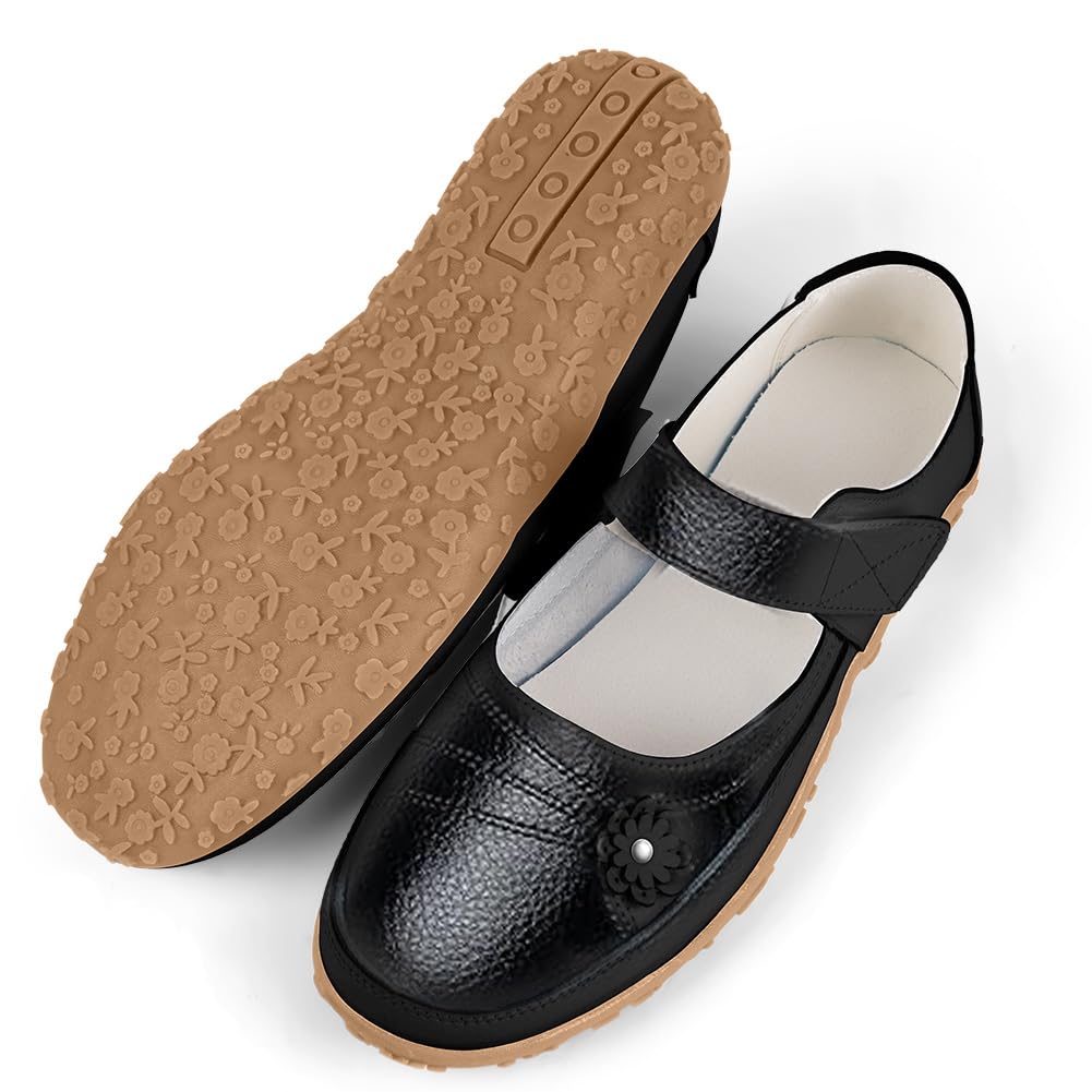 OFFCUP Damskie skórzane buty Mary Jane, damskie płaskie buty o szerokim kroju, kwiecista podeszwa z rzepem do chodzenia na co dzień sandały buty, buty pielęgniarskie do pracy biura, rozmiar 36/6,5/7